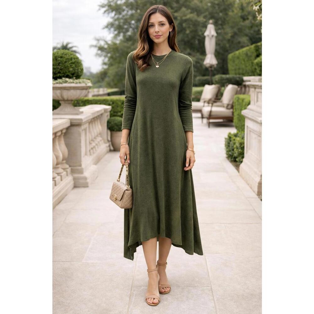 Olive Green Long Sleeve Midi Dress Crew Neck Asymmetrical Hem NWT Modest Suede
